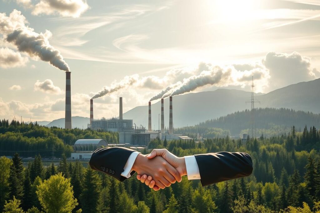 A dynamic industrial landscape showcasing strategic partnerships in the pulp and paper sector. In the foreground, two business executives shaking hands, symbolizing collaboration. The middle ground features modern pulp and paper production facilities, their towering smokestacks billowing plumes of steam against a backdrop of lush, verdant forests. Sunlight filters through wispy clouds, casting a warm, golden glow over the scene. Attention to detail highlights the synergy between industry, technology, and natural resources, exemplifying the opportunities and value-adding partnerships driving growth in this thriving sector.