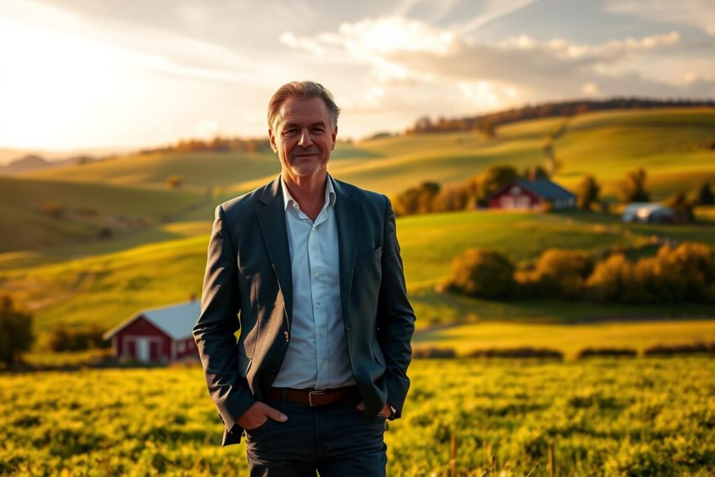 A seasoned rural real estate agent stands confidently in a sprawling countryside, surveying the lush, rolling hills and verdant fields. Dressed in a crisp suit, they exude professionalism and expertise. In the background, pristine farmhouses and barns dot the picturesque landscape, hinting at the diverse properties this agent represents. Warm, golden sunlight filters through wispy clouds, casting a serene, inviting atmosphere. The agent's expression conveys a keen understanding of the local market and a passion for helping clients find their perfect rural retreat. This image captures the essence of a successful rural real estate professional, ready to guide clients through the process of buying or selling their dream country property.