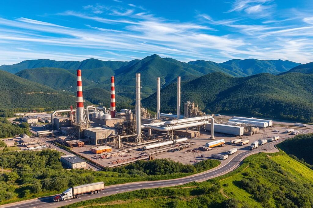 A sprawling industrial complex nestled amidst lush, verdant hills. Towering chimneys and gleaming steel structures rise majestically, housing the state-of-the-art Projeto Sucuriú paper and pulp mill operated by Arauco. Intricate piping networks snake across the facility, transporting raw materials and finished products. In the foreground, a convoy of heavy-duty trucks navigates the site's roads, delivering resources to fuel this colossal operation. Overhead, a crisp blue sky with wispy clouds creates a sense of grandeur, while strategic lighting illuminates the scene, casting long shadows and highlighting the sheer scale of this engineering marvel. The overall atmosphere conveys a harmonious blend of technological prowess and environmental harmony, befitting the title of the 