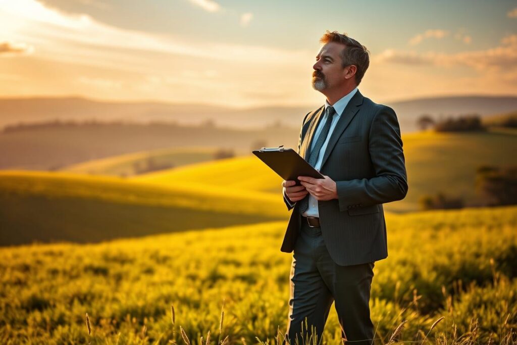 A successful rural real estate agent, standing confidently in a lush, rolling countryside. Warm afternoon sunlight filters through wispy clouds, casting a golden glow on the verdant fields and distant hills. The agent, dressed in a tailored suit, holds a clipboard and gazes thoughtfully over the scenic vista, embodying expertise, professionalism and a deep connection to the land. The composition is balanced, with the agent as the focal point, surrounded by the tranquil rural landscape that reflects their intimate understanding of the property they represent. The overall mood is one of quiet confidence, competence and a reverence for the natural beauty of the rural setting.