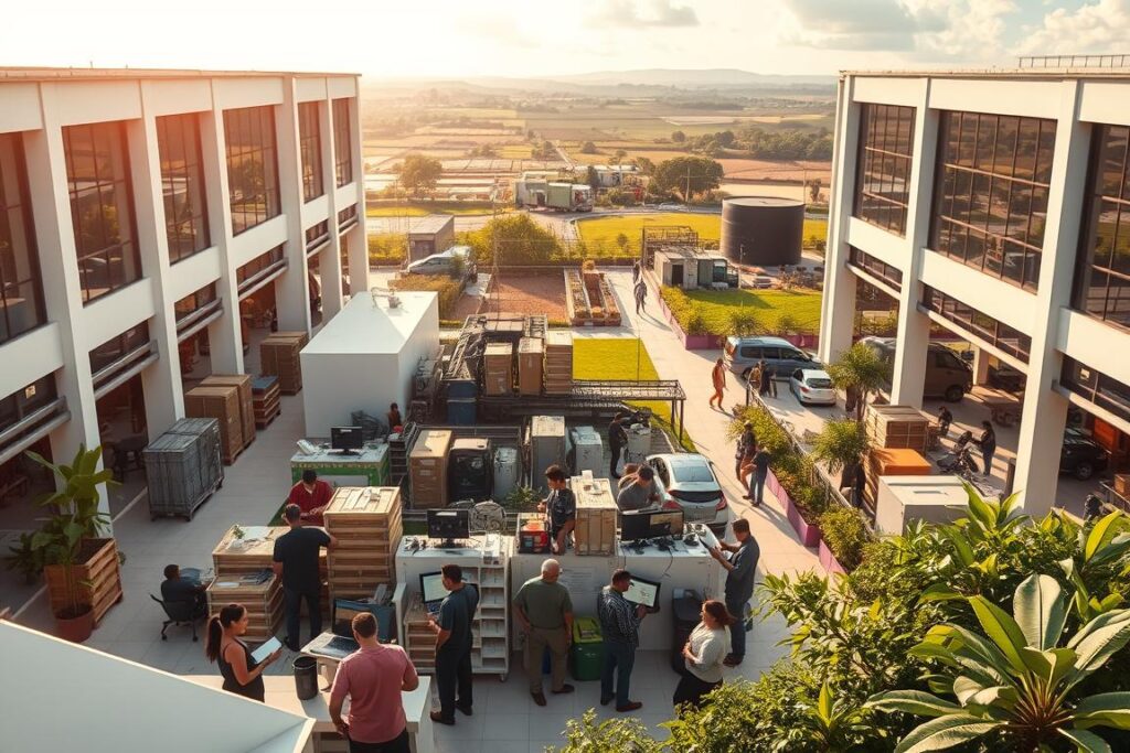 A bustling digital cooperative hub, showcasing the power of technology in empowering producers. Sleek, modern buildings with clean lines and large windows, surrounded by lush greenery and a vibrant community. In the foreground, a group of producers collaborate on digital platforms, accessing real-time data and coordinating seamless logistics. The middle ground features state-of-the-art equipment and cutting-edge technology, while the background reveals a scenic countryside landscape, symbolizing the harmonious integration of tradition and innovation. Warm, natural lighting casts a sense of optimism and progress, capturing the essence of 