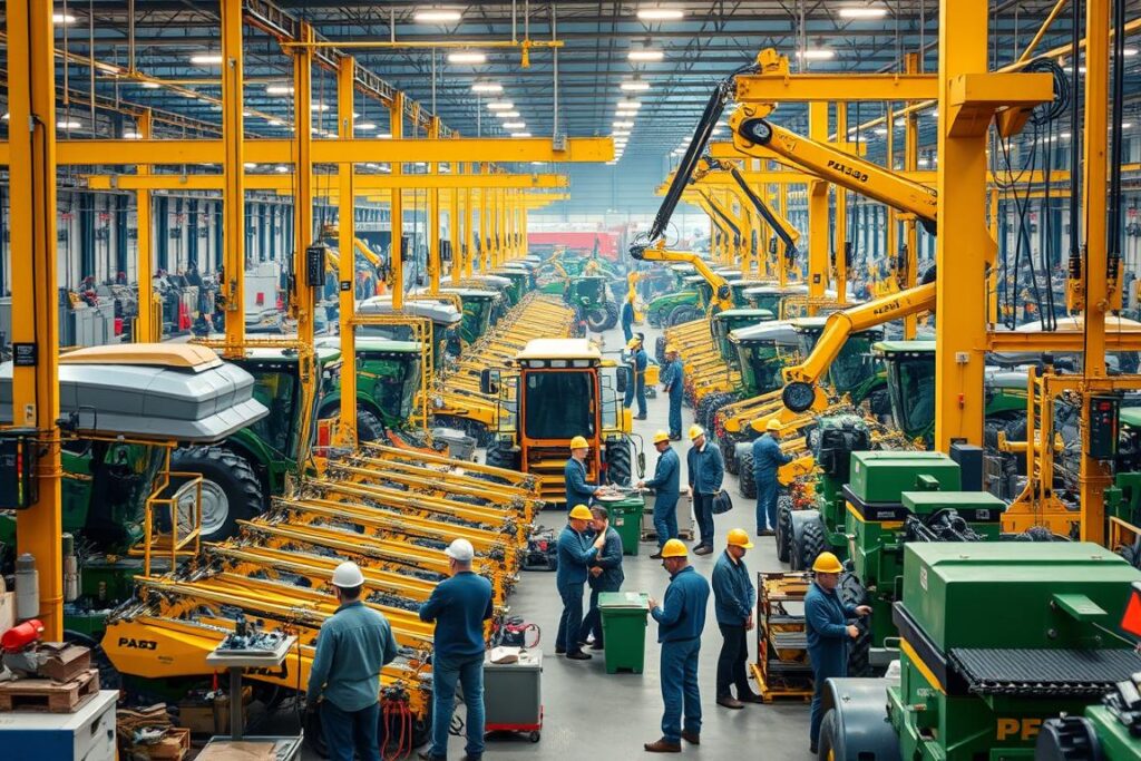 A bustling factory floor, where skilled engineers and technicians collaborate to design and assemble state-of-the-art agricultural machinery. Illuminated by the warm glow of industrial lighting, the scene captures the precision and innovation that goes into the production of cutting-edge planters and harvesters. In the foreground, workers meticulously calibrate and test the latest technologies, ensuring optimal performance and efficiency. Towering cranes and robotic arms move seamlessly, while the background showcases a panoramic view of the production lines, conveying the scale and scope of these renowned agricultural equipment manufacturers.