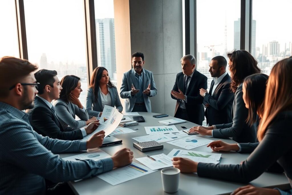 A bustling, well-lit office setting with a diverse group of professionals gathered around a conference table, intently discussing strategies and data related to the carbon credit market. In the foreground, a team of analysts in business attire review reports and charts, while in the middle ground, a project manager gestures animatedly, presenting to a group of sustainability consultants and environmental experts. The background features floor-to-ceiling windows overlooking a cityscape, bathed in the warm glow of natural light. The overall atmosphere conveys a sense of collaboration, innovation, and a shared mission to navigate the complexities of the burgeoning carbon economy.