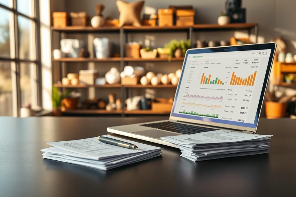 A clean modern desk with a laptop, a stack of papers, and a pen. The laptop screen displays a crowdfunding platform, with various financial figures and graphs. In the background, shelves hold agricultural supplies and equipment, casting a warm glow. Natural light filters through large windows, creating a professional yet cozy atmosphere. The overall scene conveys the preparation and organization required for a successful agricultural crowdfunding campaign.