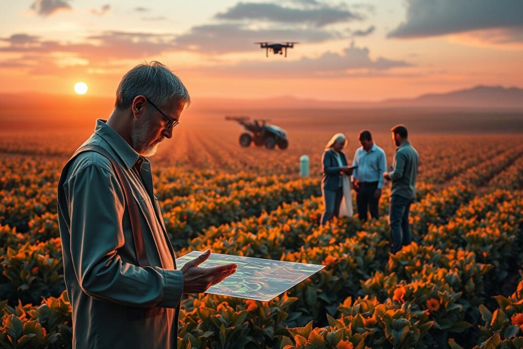 A detailed, futuristic digital twins scene showcasing the challenges and solutions in implementation. In the foreground, a farmer inspects a holographic representation of their crops, meticulously analyzing data. In the middle ground, engineers collaborate around a large, interactive display, strategizing ways to optimize the digital twin system. The background depicts a vast, technologically-advanced agricultural landscape, with autonomous vehicles, drones, and interconnected sensors. Warm, ambient lighting illuminates the scene, creating a sense of innovation and progress. The overall mood is one of focused problem-solving and a drive towards precision farming through the power of digital twins.