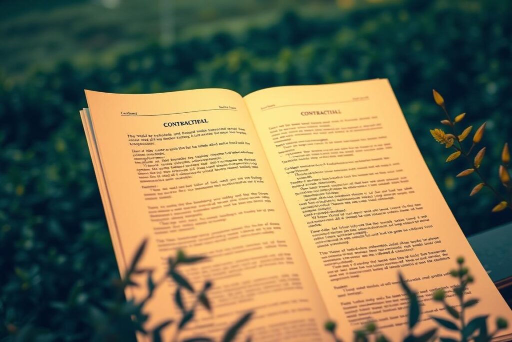 A detailed, legal document featuring intricate contractual clauses against a backdrop of a lush, verdant landscape. The document pages are illuminated by warm, natural lighting, creating a sense of authority and professionalism. The composition emphasizes the importance of the contractual details, with the pages occupying the central focus, surrounded by subtle, organic elements that frame the document. The overall mood is one of precision, security, and attention to detail, reflecting the care and diligence required in crafting robust, protective agreements.