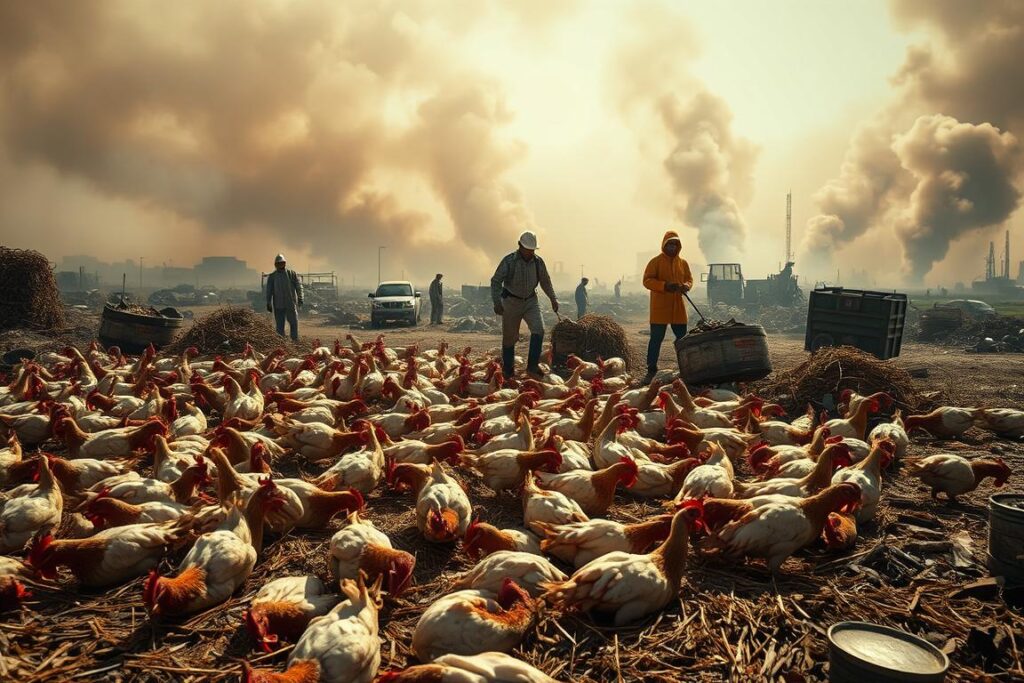 A dramatic scene of a widespread avian influenza outbreak ravaging a rural countryside. In the foreground, a flock of sick and dying chickens lie strewn amidst piles of straw and rubble. The middle ground shows panicked farmers hurriedly disposing of contaminated carcasses, their faces obscured by protective hazmat suits. In the hazy background, plumes of thick, ominous smoke rise from mass burning operations, casting an eerie, apocalyptic glow over the devastated landscape. The lighting is harsh and dramatic, with deep shadows and highlights emphasizing the gravity of the situation. The overall atmosphere is one of chaos, desperation and the looming threat of a full-blown epidemic.