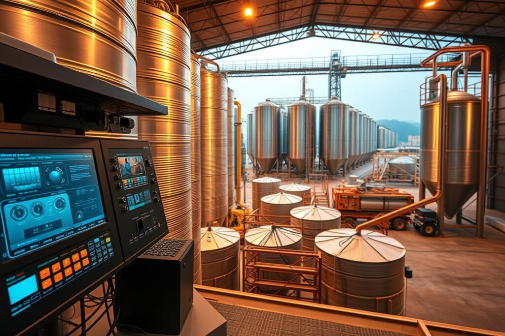 A high-tech remote monitoring and automation system for grain storage, illuminated by warm ambient lighting and captured with a wide-angle lens. The foreground features a sleek control panel with digital displays, sensors, and intuitive controls. The middle ground showcases a network of interconnected silos, their metal exteriors gleaming under the soft lighting. In the background, a panoramic view of a modern grain storage facility, with towering silos and automated loading equipment. The overall scene conveys a sense of efficiency, innovation, and the seamless integration of technology into the grain storage process.