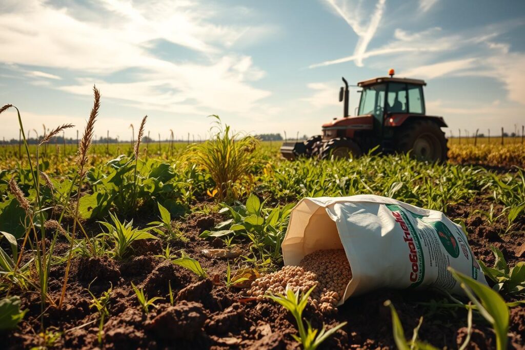A lush agricultural field, sunlight filtering through wispy clouds. In the foreground, a farmer examines the soil, brow furrowed in contemplation. Weeds encroach, sapping nutrients from crop roots. Nearby, an overturned bag of fertilizer spills its contents, a waste of precious resources. In the middle ground, plants droop, their leaves yellowing, a sign of improper nutrient balance. In the distance, a tractor waits, a symbol of the tools and technology available to optimize fertilization. The scene evokes a sense of concern and the need for better practices to maximize yield while minimizing cost. Lighting is natural, with soft shadows and warm tones. The camera angle is slightly elevated, providing a holistic view of the farming challenges.