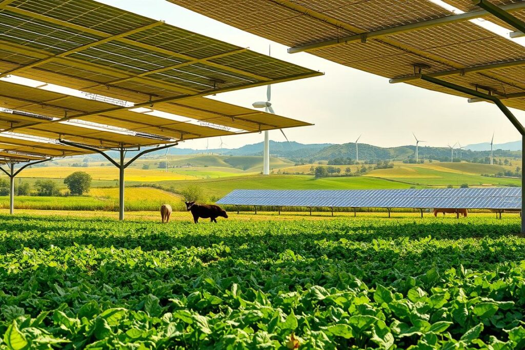 A lush agricultural landscape under the canopy of solar panels, creating a symbiotic ecosystem. In the foreground, thriving crops and livestock co-exist harmoniously, taking advantage of the shaded areas. The middle ground showcases carefully positioned solar arrays, their sleek, modern design blending seamlessly with the natural environment. In the background, rolling hills dotted with wind turbines add to the renewable energy mix. Warm, diffused lighting filters through the panels, casting a gentle glow over the scene. The overall atmosphere conveys the challenges and solutions of integrating sustainable energy production with traditional farming practices.