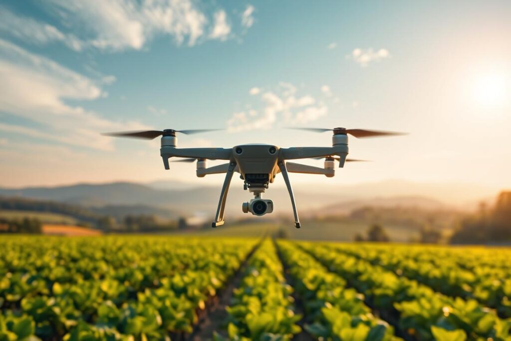 A lush, panoramic landscape showcasing the harmonious integration of drone technology and sustainable agricultural practices. In the foreground, a drone gracefully hovers above a flourishing crop field, meticulously spraying environmentally-friendly pesticides with precision. The middle ground features rows of verdant crops, thriving under the watchful eye of the drone's sensors. In the background, a picturesque vista of rolling hills, tranquil forests, and a bright, sun-dappled sky, conveying a sense of environmental balance and technological advancement in service of sustainability. Warm, golden lighting illuminates the scene, creating a serene and optimistic atmosphere. The composition emphasizes the symbiotic relationship between modern agricultural technology and responsible land management, showcasing the positive environmental impact of drone-assisted farming.