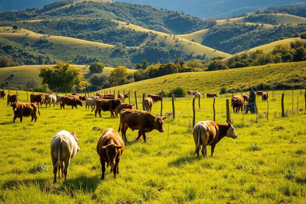 A lush pasture with a herd of cattle grazing peacefully in the foreground, their coats gleaming in the warm, soft sunlight. In the middle ground, a farmer tending to the well-maintained fencing, using natural materials that blend seamlessly with the landscape. The background showcases rolling hills dotted with diverse foliage, creating a picturesque, sustainable ecosystem. The scene evokes a sense of harmony between the livestock, the caretaker, and the land, highlighting the principles of regenerative agriculture and environmentally conscious livestock management.