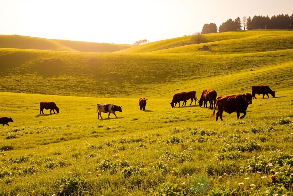 A lush, rolling pasture with vibrant green grass and scattered wildflowers. In the foreground, a herd of cattle grazes peacefully, their movements contributing to the regeneration of the soil through their hooves and manure. The middle ground reveals gently sloping hills, dotted with clusters of diverse plant life. Overhead, a warm, golden sun casts a soft, natural light across the scene, creating a serene and rejuvenating atmosphere. The background is framed by a distant tree line, hinting at the integration of this regenerative cattle system within a larger, thriving ecosystem. The overall composition conveys the harmony and balance between livestock and the land, showcasing the potential for sustainable, restorative agriculture.