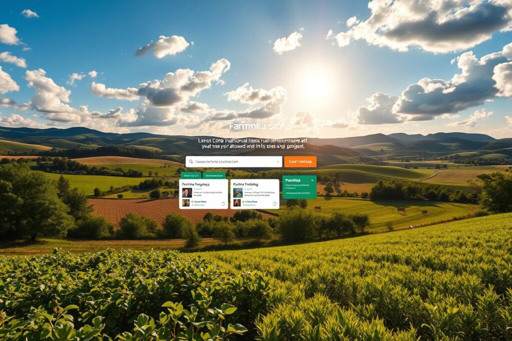 A lush, rural agricultural landscape with fields of crops, orchards, and livestock in the foreground. In the middle ground, a modern crowdfunding platform interface displays information about various farming projects seeking funding. The background features rolling hills, a blue sky with fluffy clouds, and the warm glow of the sun illuminating the scene. The overall atmosphere conveys a sense of hopeful opportunity, where traditional agricultural endeavors can be supported and expanded through the power of collective funding. Shot with a wide-angle lens to capture the expansive, idyllic setting.