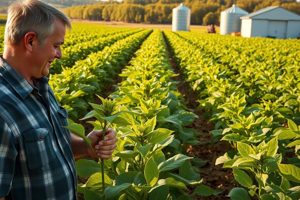 A lush, verdant agricultural landscape, featuring rows of thriving soybean plants stretching out as far as the eye can see. In the foreground, a farmer inspects a healthy soybean plant, marveling at its robust growth and abundant pods. The mid-ground showcases various soybean varieties, each with distinct leaf shapes and pod sizes, demonstrating the diversity of high-yielding cultivars. In the background, a gleaming metal silo and a modern farming equipment shed stand as symbols of technological advancements in soybean production. The scene is bathed in warm, golden sunlight, casting long shadows and creating a sense of prosperity and abundance. The overall mood is one of pride, innovation, and the success of strategic seed selection for maximizing soybean yields per hectare.