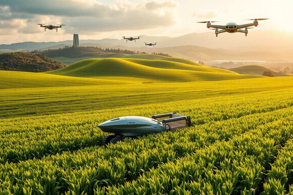 A lush, verdant countryside landscape with rolling hills and verdant fields, illuminated by a warm, golden sunlight. In the foreground, a state-of-the-art robotic harvester moves gracefully through the crops, its sleek, metallic design a testament to the latest advancements in agricultural technology. Overhead, a fleet of autonomous drones monitor the fields, gathering data and optimizing crop yields. In the distance, a futuristic, glass-paneled structure stands, housing the control center for this high-tech 