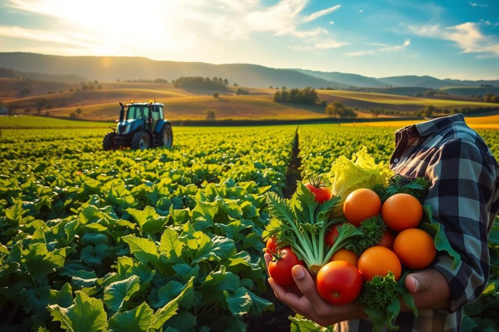 A lush, verdant field of thriving crops, illuminated by warm, golden sunlight filtering through wispy clouds. In the foreground, a farmer proudly displays an array of fresh, vibrant produce, including plump tomatoes, crisp lettuce, and juicy oranges. In the middle ground, a sleek, modern tractor stands ready, symbolizing the intersection of traditional agriculture and cutting-edge technology. Beyond, a backdrop of rolling hills and a clear, blue sky conveys a sense of natural abundance and the bounty of the land. The overall scene evokes a sense of pride, sustainability, and the value of connecting consumers directly with the source of their food.