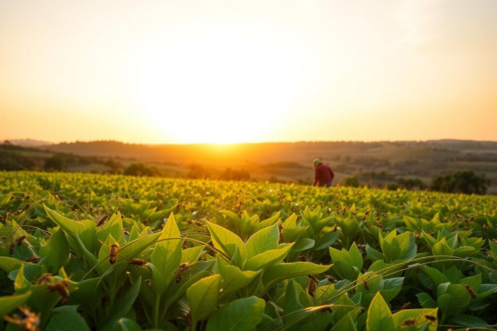A lush, verdant field of thriving crops under a warm, golden sunset sky. In the foreground, a diverse array of beneficial insects and microorganisms, working in harmony to naturally control pests and enrich the soil. In the middle ground, a farmer tending to the crops, using sustainable techniques like organic fertilizers and integrated pest management. In the background, a rolling landscape of hills and forests, a testament to the delicate balance of a healthy, biodiverse ecosystem. The scene radiates a sense of tranquility and hope, showcasing the promise of a future where agriculture and nature coexist in perfect symbiosis.