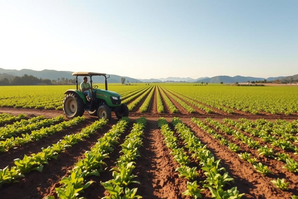 A lush, verdant field stretches out, dotted with rows of thriving crops. In the foreground, a farmer carefully guides a sleek, modern tractor through the soil, leaving behind a trail of meticulously tilled earth. The tractor's wheels gently press the soil, creating a seamless, uninterrupted surface. In the middle ground, rows of healthy plants sway gently in a soft breeze, their leaves glistening with morning dew. The background is framed by a backdrop of rolling hills and a clear, azure sky, creating a serene and picturesque scene. The lighting is soft and natural, casting a warm, golden glow over the entire landscape. This image captures the essence of a sustainable, efficient, and cost-effective 