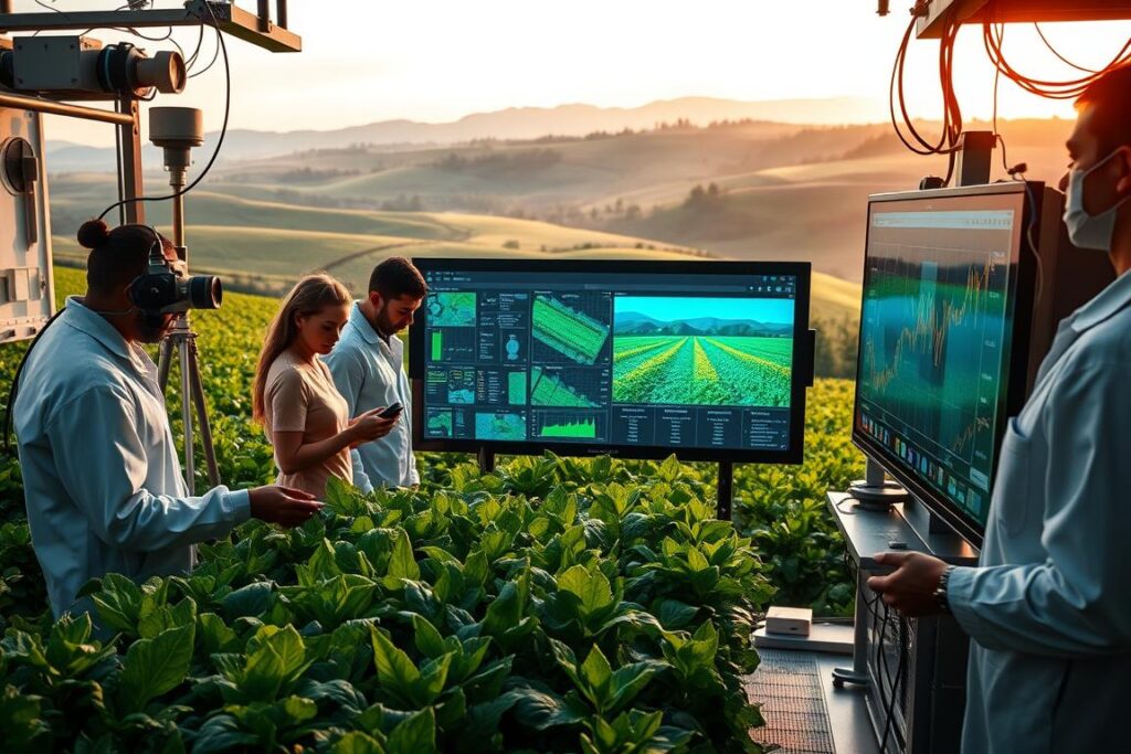 A modern agricultural laboratory with state-of-the-art data collection and analysis equipment. In the foreground, a team of researchers carefully handle sensors and instruments, gathering environmental data from a lush, verdant field. The middle ground features a large touchscreen display, showcasing complex visualizations and simulations of crop growth patterns. The background is a panoramic view of rolling hills, with the warm glow of the sun casting a soft, natural light across the scene. The overall mood is one of precision, innovation, and a deep understanding of the intricate relationship between data, technology, and sustainable agricultural practices.