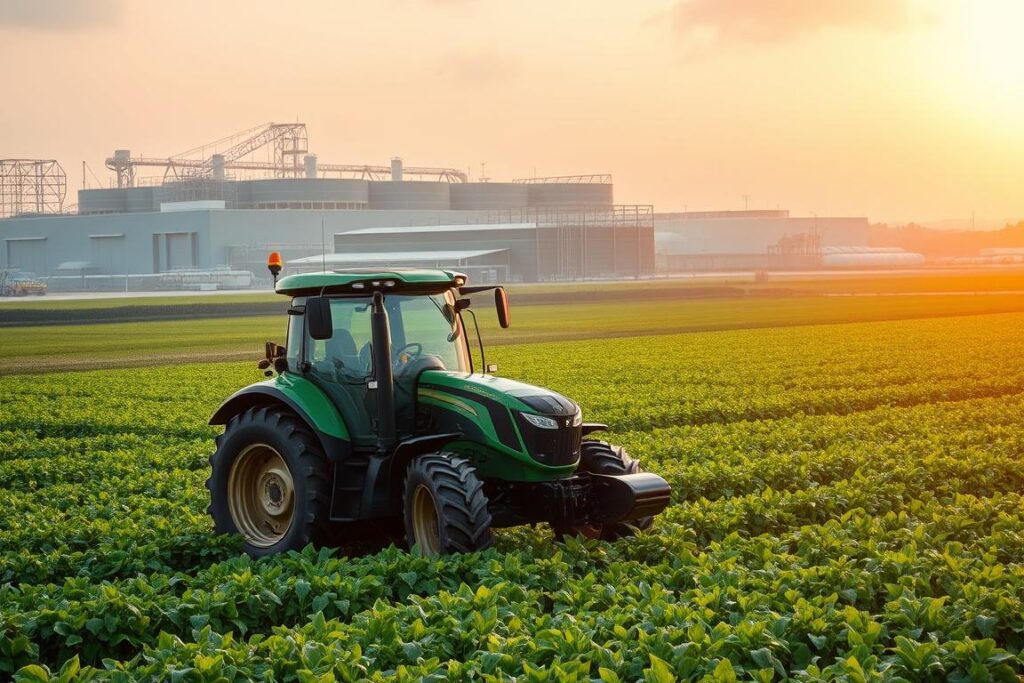 A modern, data-driven agricultural landscape showcasing the power of big data in the agribusiness sector. In the foreground, a sleek, high-tech tractor equipped with precision sensors and AI-powered systems navigates verdant fields. In the middle ground, rows of lush, thriving crops stretch out, their growth and yield meticulously monitored and optimized using real-time data analytics. The background features a sprawling, state-of-the-art processing facility, its operations streamlined and optimized through the seamless integration of big data tools. The scene is bathed in warm, golden light, conveying a sense of prosperity and technological innovation transforming the modern agro-industry.