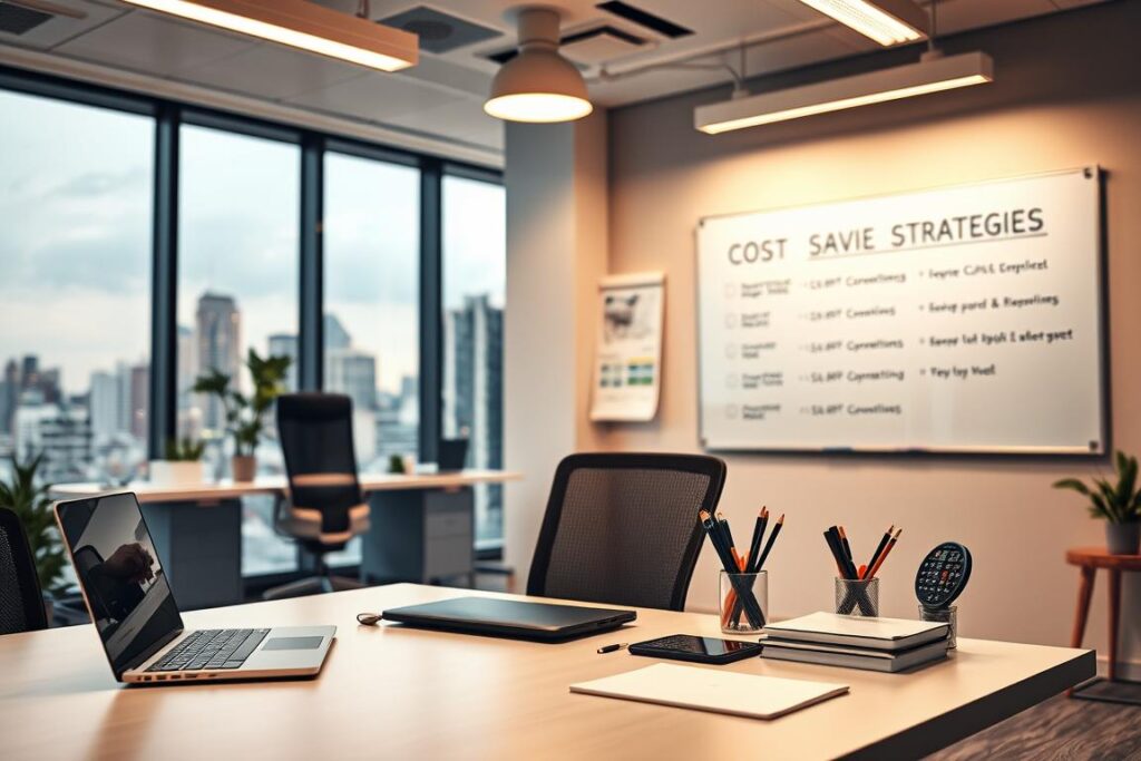 A modern office interior with a focus on cost-reduction efficiency. In the foreground, a sleek, minimalist desk with a laptop, a calculator, and neatly organized office supplies. Midground showcases an ergonomic office chair and a wall-mounted whiteboard displaying cost-saving strategies. The background features energy-efficient lighting fixtures and a large window overlooking a bustling city skyline. The overall atmosphere is one of professionalism, productivity, and a commitment to operational cost optimization. The lighting is warm and inviting, creating a sense of calm focus. The composition emphasizes organization, simplicity, and a streamlined approach to managing daily operational expenses.