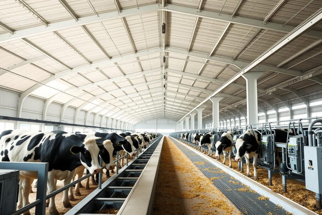 A modern, precision dairy farm with automated feeding systems. In the foreground, a herd of cows standing at a long feeding trough, their heads lowered as they eat from individual feeding stations controlled by a computerized system. The middle ground shows the sleek, minimalist design of the feeding area, with seamless metal and glass structures. In the background, a vast, sunlit open-air barn with a high-vaulted ceiling, clean and well-ventilated. Crisp, even lighting creates a sense of efficiency and technological sophistication. The overall atmosphere conveys a harmonious integration of livestock, technology, and sustainable farming practices.
