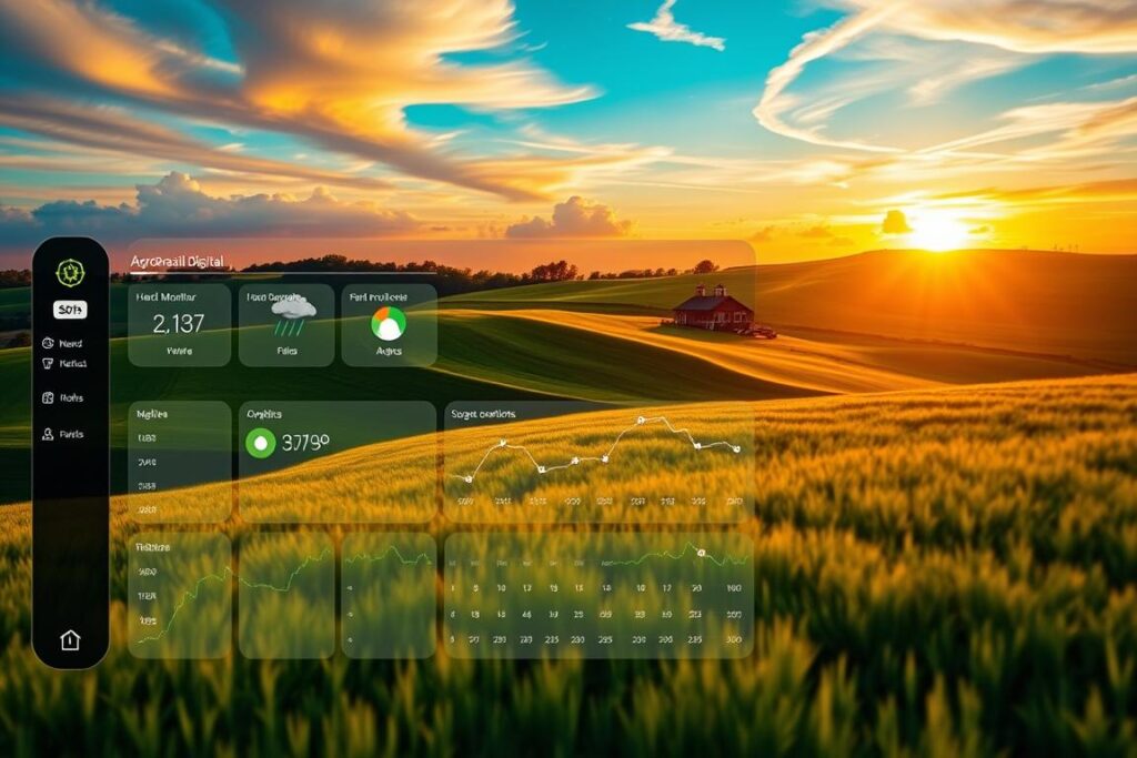 A modern, sleek digital dashboard showcasing the AgroBrasilDigital platform. The foreground features a clean, minimalist interface with intuitive icons and data visualizations - herd monitoring, weather forecasts, field analytics. The middle ground depicts a rolling green pasture, with a farmhouse and silos in the distance, bathed in warm golden light. The background showcases a vibrant, digitally-enhanced sky, with dynamic cloud formations and a subtle sunset glow. The overall scene conveys a sense of advanced, precision-driven agriculture, seamlessly blending technology and the natural beauty of the Brazilian countryside.