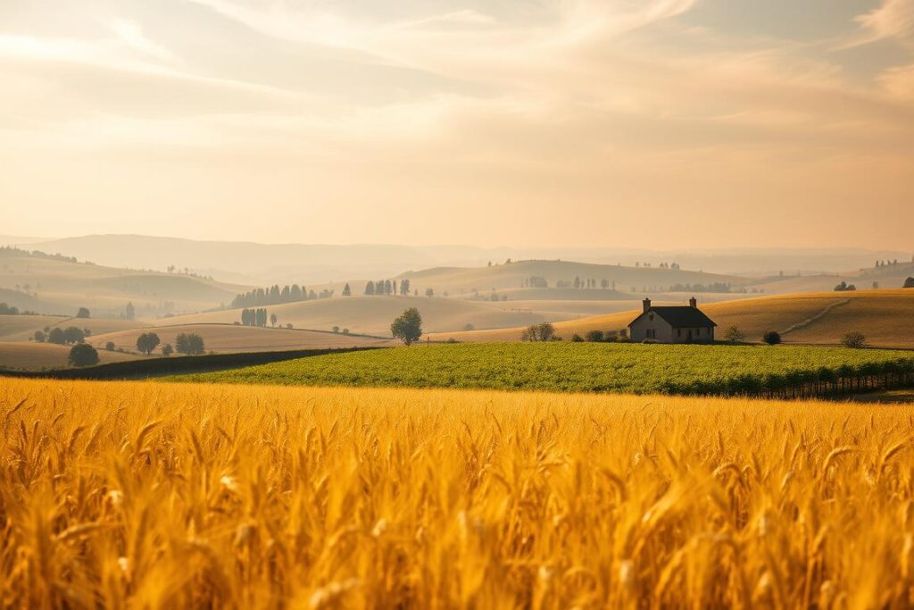 A pastoral landscape showcasing the comparative advantages of large producers and small farmers. In the foreground, a sprawling wheat field, its golden stalks swaying gently in the breeze. In the middle ground, a small family farm with lush, verdant crops and a charming farmhouse. The background reveals rolling hills, dotted with clusters of trees and a distant, hazy horizon. Warm, golden sunlight filters through wispy clouds, casting a serene, picturesque atmosphere. The scene emphasizes the distinct strengths and opportunities each scale of operation offers, inviting the viewer to consider the nuances of carbon markets and agricultural production.