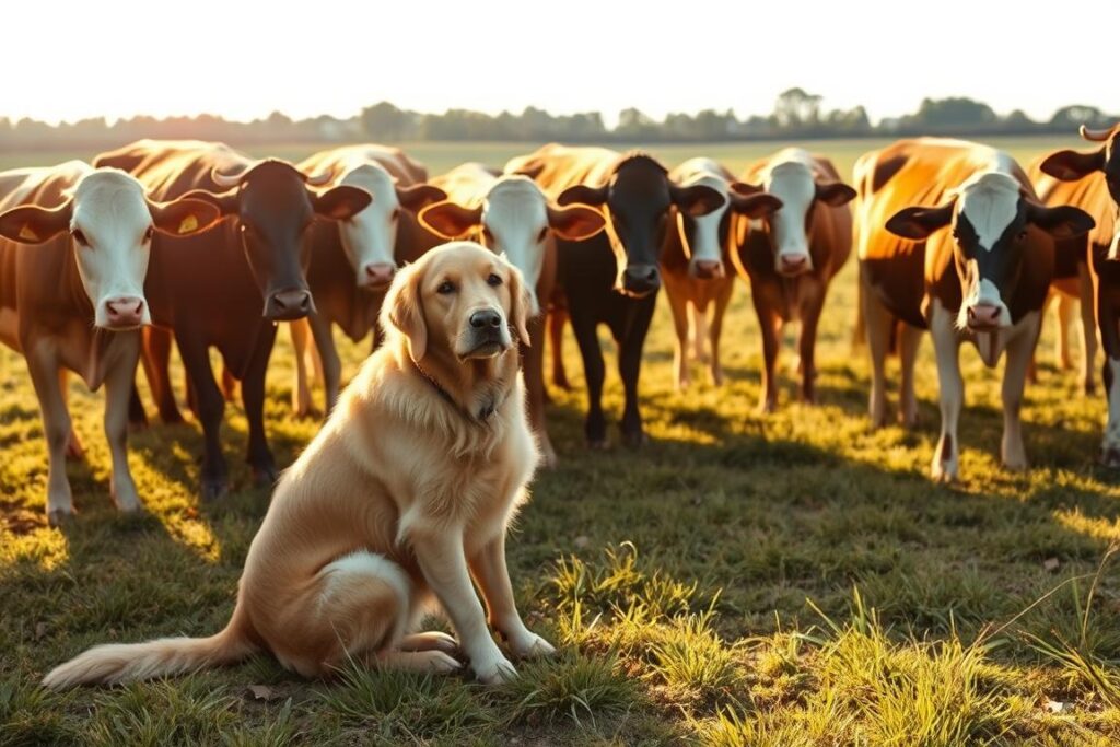A peaceful, harmonious scene of a Golden Retriever calmly interacting with a herd of dairy cows in a picturesque pastoral setting. The dog sits obediently, alert yet relaxed, amid the gently grazing cattle under a warm, golden afternoon light. The cows, unfazed by the canine presence, go about their business, creating a serene, symbiotic coexistence. The lush, verdant landscape provides a soothing, natural backdrop, conveying the low-impact, collaborative relationship between the Retriever and the livestock. Captured with a wide-angle lens to showcase the tranquil tableau, this image perfectly illustrates the compatibility and gentle nature of the Golden Retriever alongside other animals on the rural property.