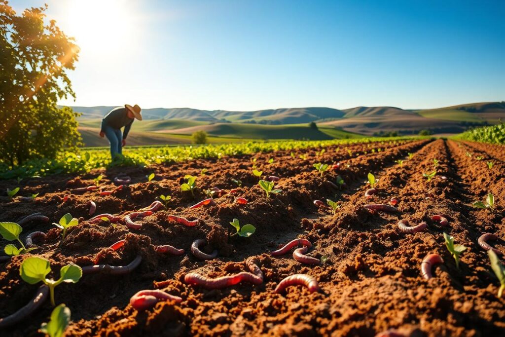 A picturesque farm landscape bathed in warm golden sunlight, with a lush, verdant field of healthy soil in the foreground. The soil is rich in organic matter, teeming with microbial life and vibrant earthworms, visibly absorbing and storing atmospheric carbon. In the middle ground, a farmer inspects the soil, their face alight with pride and satisfaction. In the background, rolling hills and a clear blue sky, symbolizing the vast potential of carbon-rich soils to mitigate climate change. The scene conveys the beauty, productivity, and environmental benefits of regenerative agriculture practices that prioritize soil health and carbon sequestration.
