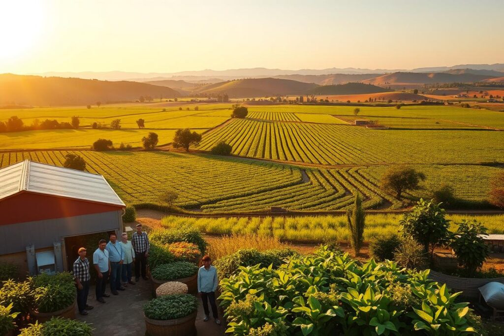 A picturesque rural landscape bathed in warm, golden sunlight. In the foreground, a group of diverse farmers and agricultural workers stand beside a modern agricultural processing facility, proudly showcasing an array of freshly harvested crops. In the middle ground, rows of lush, thriving farmland stretch out, dotted with verdant trees and winding irrigation canals. In the distant background, rolling hills and a clear, azure sky create a serene, idyllic backdrop. The scene conveys a sense of harmony, progress, and sustainable agricultural practices, highlighting the potential of tokenization to revolutionize rural finance and empower rural communities.