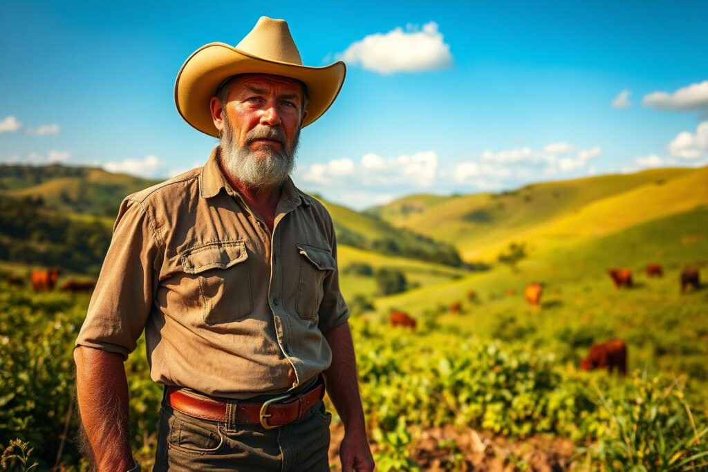 A rugged, sun-tanned Brazilian rancher, his weathered face etched with determination, stands tall amidst a lush, verdant landscape. He wears a well-worn cowboy hat, a sturdy leather belt, and boots caked with the soil he lovingly tends. In the background, rolling hills dotted with grazing cattle and a cloudless azure sky, conveying a sense of harmony between man and nature. The warm, golden light bathes the scene, highlighting the rancher's stewardship and his role as a champion of environmental sustainability. His gaze is resolute, embodying the pride and responsibility of a modern-day eco-warrior, a guardian of the land that sustains his community and the world.