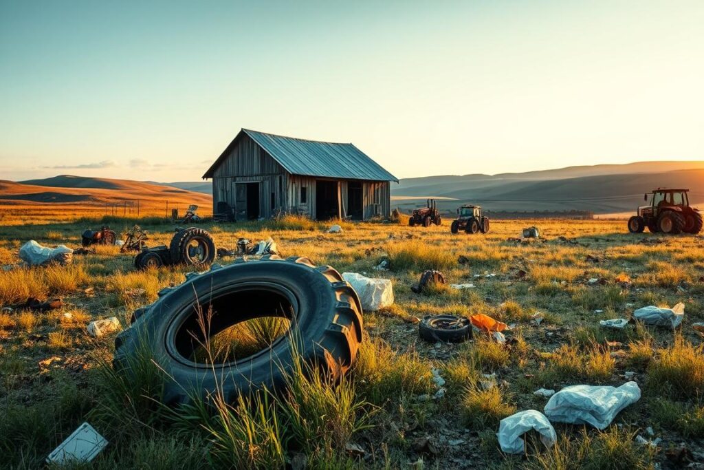 A rural landscape dotted with abandoned farm equipment and discarded packaging materials, illuminated by a warm golden hour glow. In the foreground, a tractor tyre lies on its side, surrounded by weeds and debris, symbolizing the common pitfalls of improper rural reverse logistics. The middle ground features a dilapidated barn, its weathered walls a testament to the challenges of waste management in remote areas. In the distance, rolling hills and a cloudless sky create a sense of tranquility, belying the environmental hazards of neglected reverse logistics. The scene conveys a somber mood, highlighting the importance of vigilance and proactive measures to avoid the common errors that can undermine rural reverse logistics programs.