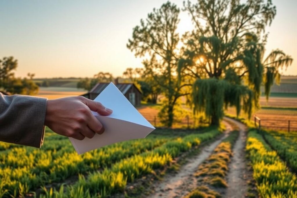 A rustic farmhouse nestled in a lush countryside, its weathered facade and surrounding fields bathed in the warm glow of the setting sun. In the foreground, a pair of hands exchange documents, the legal transaction of a rural property unfolding against the backdrop of a picturesque agricultural landscape. Tall trees sway gently, casting soft shadows across the scene, while a dirt path winds its way towards the horizon, hinting at the boundless potential of the land. The image conveys the sense of tradition and stability inherent in the legal aspects of buying and selling rural real estate.