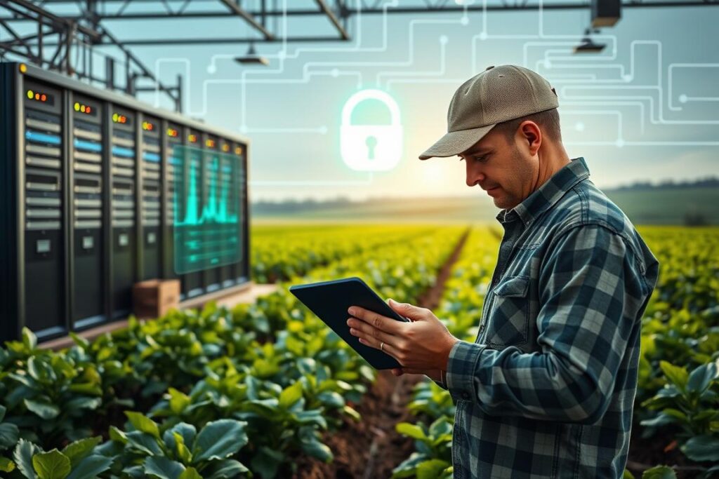 A secure digital landscape in the agricultural industry, featuring a farm's data hub with servers, analytics dashboards, and encrypted data flow. Soft lighting illuminates the scene, conveying a sense of reliability and protection. In the foreground, a farmer inspects data on a tablet, making informed decisions to optimize operations. The background showcases lush farmland, underscoring the harmonious integration of technology and traditional agriculture. The overall atmosphere emphasizes the importance of data privacy and security in driving strategic insights for the agribusiness sector.