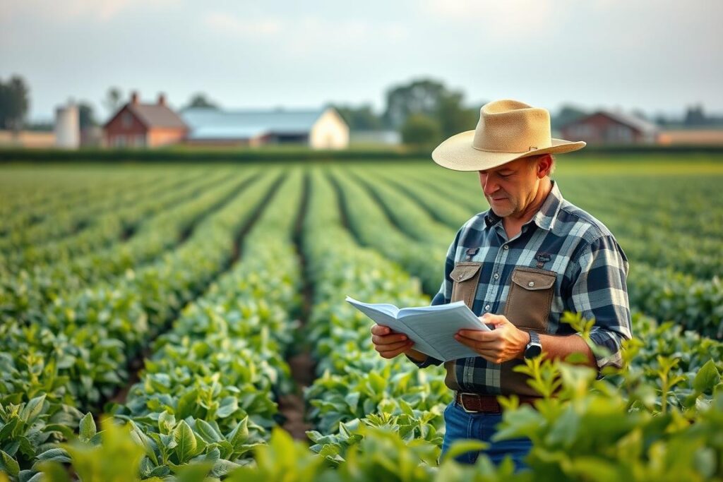 A serene agricultural landscape with a focus on financial management. In the foreground, a farmer diligently examines financial records, calculator in hand, surrounded by lush green fields. The middle ground features rows of thriving crops, meticulously tended. In the background, a modern farmhouse and barns stand, symbolizing the importance of efficient financial planning for agricultural success. Soft, diffused lighting casts a warm glow, evoking a sense of diligence and prosperity. The composition emphasizes the harmony between thoughtful financial management and productive farming, capturing the essence of maximizing agricultural profits.