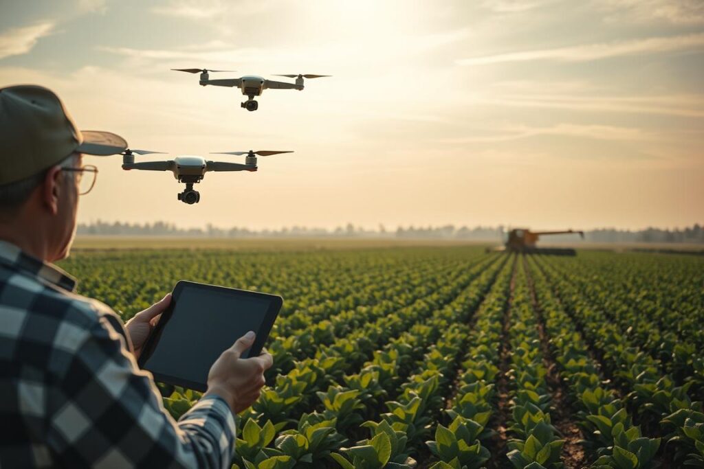 A sprawling agricultural landscape, drones soaring overhead, their cameras capturing data in real-time. In the foreground, a farmer monitors a tablet, analyzing the AI-generated insights that reveal the precise needs of their crops. Subtle sunlight filters through wispy clouds, casting a warm glow over the scene. In the middle ground, rows of lush, thriving plants stretch out, testament to the precision and efficiency of this new era of smart farming. In the distance, a gleaming robotic harvester navigates the fields, working tirelessly to bring in the bountiful yield. This is the future of agriculture, where technology and nature converge to create a sustainable, data-driven revolution.