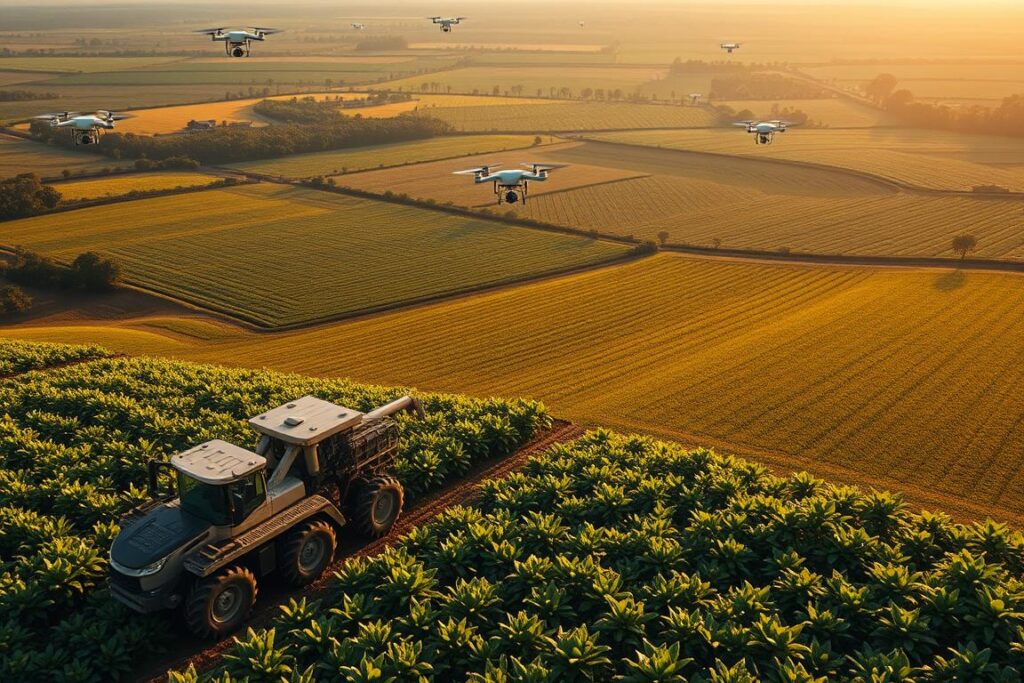 A sprawling agricultural landscape, lush with verdant fields and precision-guided machinery. In the foreground, a state-of-the-art agricultural vehicle navigates the terrain, its sensors and GPS-enabled systems precisely mapping soil conditions and plant health. In the middle ground, drones soar overhead, capturing aerial imagery that is analyzed to optimize crop yields. In the distance, a patchwork of meticulously tended plots stretch out, each one precisely managed to maximize productivity. The scene is bathed in warm, golden light, conveying a sense of harmony between technology and nature. The overall atmosphere is one of modern, efficient, and sustainable agriculture - a vision of 