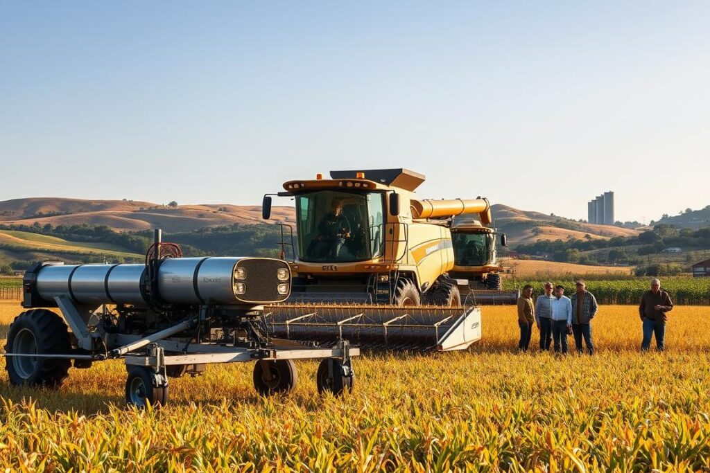 A sprawling agricultural landscape, where rugged yet tech-savvy farmers harness the power of cutting-edge machinery. In the foreground, a state-of-the-art planter deftly navigates the fields, its metal frame gleaming under the warm afternoon sun. Nearby, a towering combine harvester efficiently gathers the golden bounty, its precision-engineered mechanisms operating with seamless efficiency. In the middle ground, farmers in durable workwear oversee the operations, their expressions focused yet exuding a sense of pride and accomplishment. The background reveals undulating hills dotted with verdant orchards and towering silos, a testament to the scale and sophistication of modern Brazilian agriculture. An atmosphere of innovation, productivity, and unwavering dedication permeates the scene.