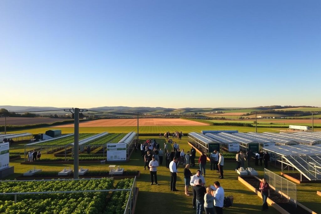 A sprawling, well-organized rural technology showcase, bathed in warm, golden afternoon light. The foreground features a series of neatly arranged displays showcasing innovative agricultural technologies - smart irrigation systems, precision farming tools, and energy-efficient greenhouses. In the middle ground, groups of engaged visitors explore the exhibits, their faces lit with fascination. The background reveals a picturesque countryside setting, with rolling hills, verdant fields, and a cloudless azure sky. The overall atmosphere conveys a sense of progress, innovation, and the seamless integration of technology into traditional rural lifestyles.