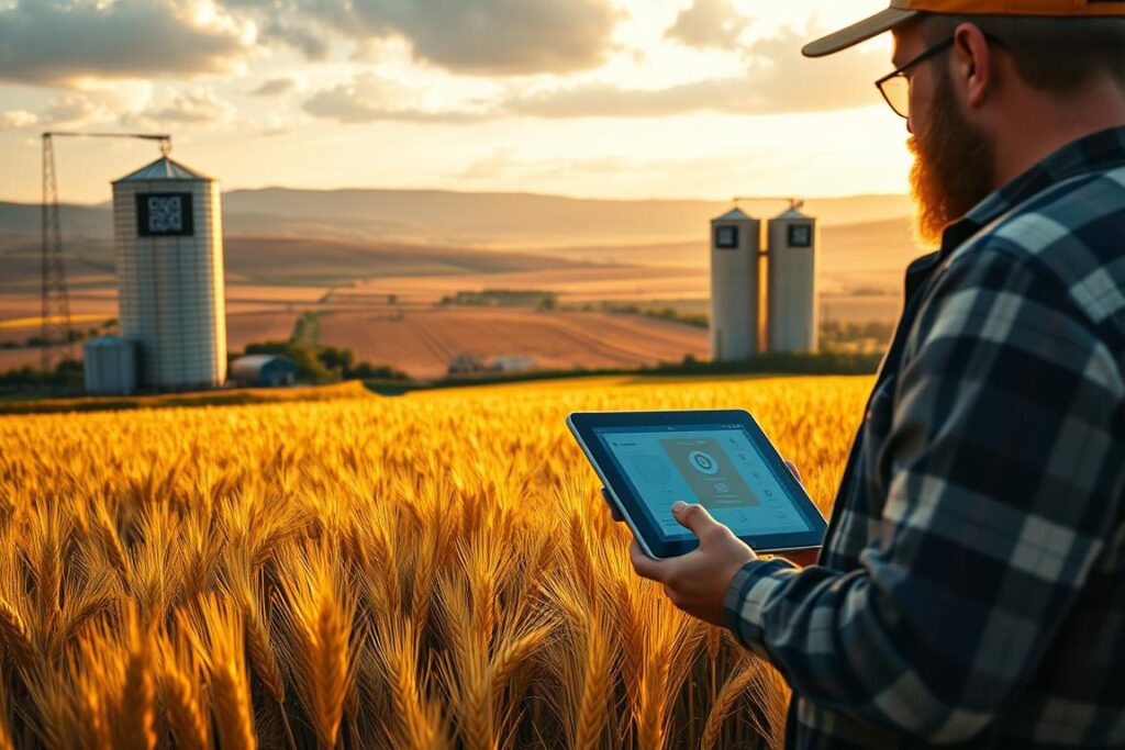 A step-by-step guide to tokenizing your crop harvest on the blockchain. In the foreground, a farmer inspects rows of golden wheat, a tablet in hand displaying a crypto wallet interface. In the middle ground, silos and grain elevators stand tall, their facades adorned with QR codes and digital displays. The background reveals a vast countryside, with rolling hills and a cloud-streaked sky. The lighting is warm and inviting, capturing the agricultural landscape in a golden glow. The camera angle is slightly elevated, providing a panoramic view of the scene. The mood is one of innovation and progress, showcasing the integration of traditional farming with cutting-edge blockchain technology.
