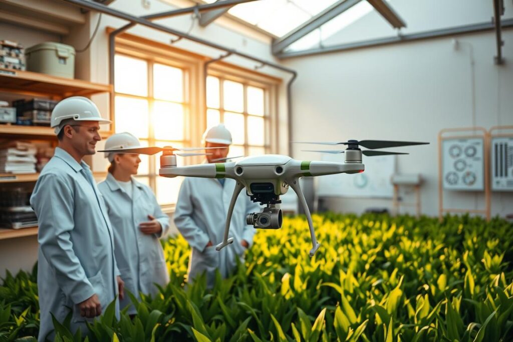 A team of professionals in white lab coats and hard hats examining a high-tech drone in a modern agricultural research facility. The drone hovers above a lush green field, its sleek design and advanced sensors ready to precisely monitor and treat crops. Warm afternoon sunlight filters through large windows, casting a golden glow over the scene. The background features shelves of neatly organized equipment and a whiteboard filled with technical diagrams. An atmosphere of focused innovation and practical application pervades the space, showcasing how the latest drone technology can revolutionize precision farming techniques.