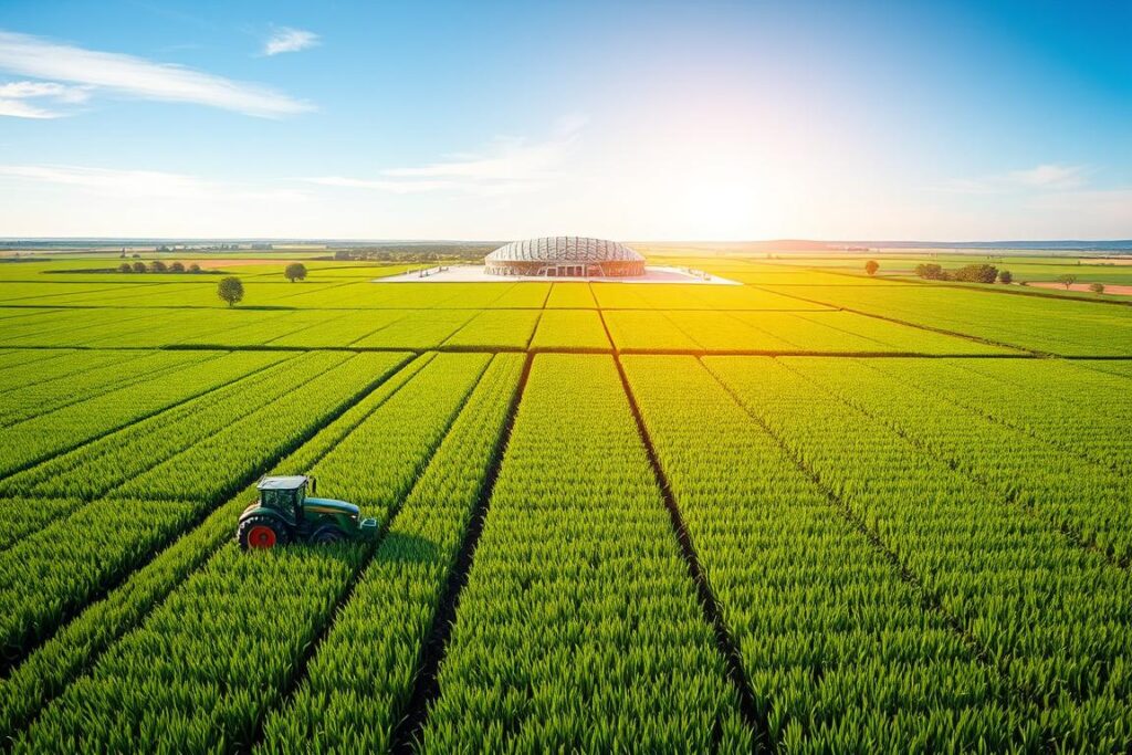A vast expanse of lush, verdant fields stretches out before us, dotted with state-of-the-art agricultural machinery. Precision sensors and GPS-guided tractors meticulously monitor and optimize every aspect of the farming process, maximizing yields while minimizing waste and environmental impact. In the distance, a gleaming, futuristic control center oversees the entire operation, its displays constantly updating with real-time data. The sky is a brilliant azure, illuminating the scene with a warm, golden light that lends an air of prosperity and technological mastery to the landscape. This is the embodiment of large-scale precision agriculture, a vision of the future that seamlessly integrates cutting-edge technology with sustainable, efficient farming practices.