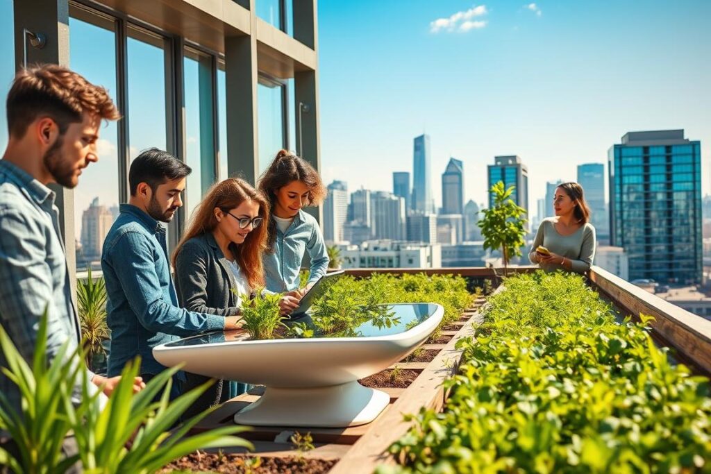 A vibrant and sustainable startup scene, bustling with forward-thinking entrepreneurs. In the foreground, a diverse team of innovators collaborating on a sleek, eco-friendly product prototype. Warm sunlight filters through large windows, illuminating their focused expressions. The middle ground features a lush, thriving rooftop garden, symbolic of the company's commitment to sustainability. In the background, a cityscape of modern, energy-efficient buildings set against a clear blue sky, showcasing the integration of green technology. The overall scene conveys a sense of optimism, innovation, and a harmonious balance between business and environmental stewardship.