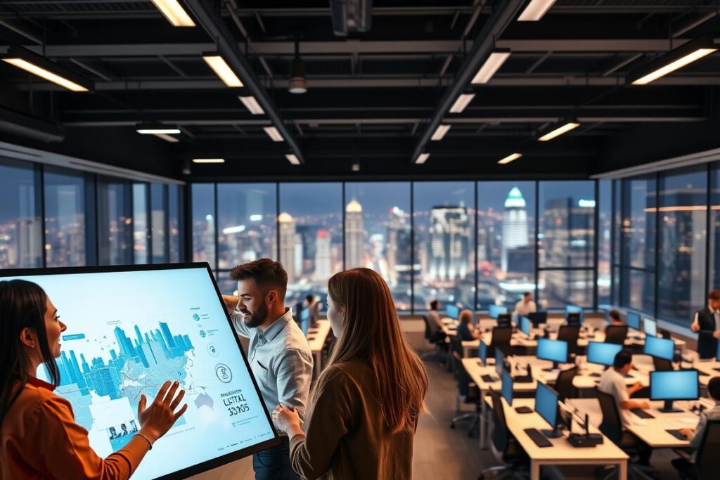 A vibrant digital cooperative, with a sleek modern office space. In the foreground, a group of diverse people collaborating around a large touchscreen display, their faces lit by the soft glow of the screens. In the middle ground, rows of ergonomic workstations and communal areas, accentuated by minimalist decor and dynamic lighting. The background features a panoramic window overlooking a bustling cityscape, symbolizing the cooperative's connection to the broader digital economy. The overall atmosphere conveys a sense of innovation, efficiency, and a cooperative spirit empowered by cutting-edge technology.