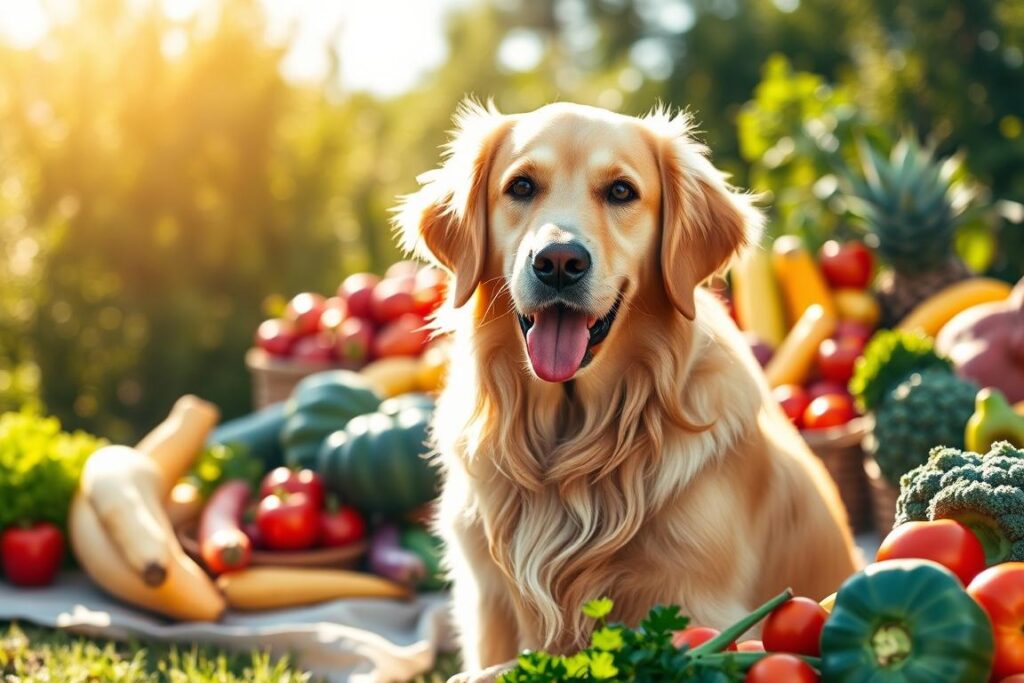 A vibrant, high-resolution image of a well-fed, healthy Golden Retriever in a sunlit, lush outdoor setting. The dog is sitting attentively, its golden coat shimmering with a healthy sheen. In the background, a variety of fresh, colorful fruits and vegetables are arranged in an inviting display, conveying the idea of a balanced, nutritious diet. The scene is captured with a shallow depth of field, drawing the viewer's focus to the dog's alert expression and the appealing assortment of whole foods. The lighting is soft and warm, creating a sense of calm and well-being. The overall composition evokes a feeling of harmony and the importance of proper nutrition for the optimal health and happiness of a beloved Golden Retriever companion.