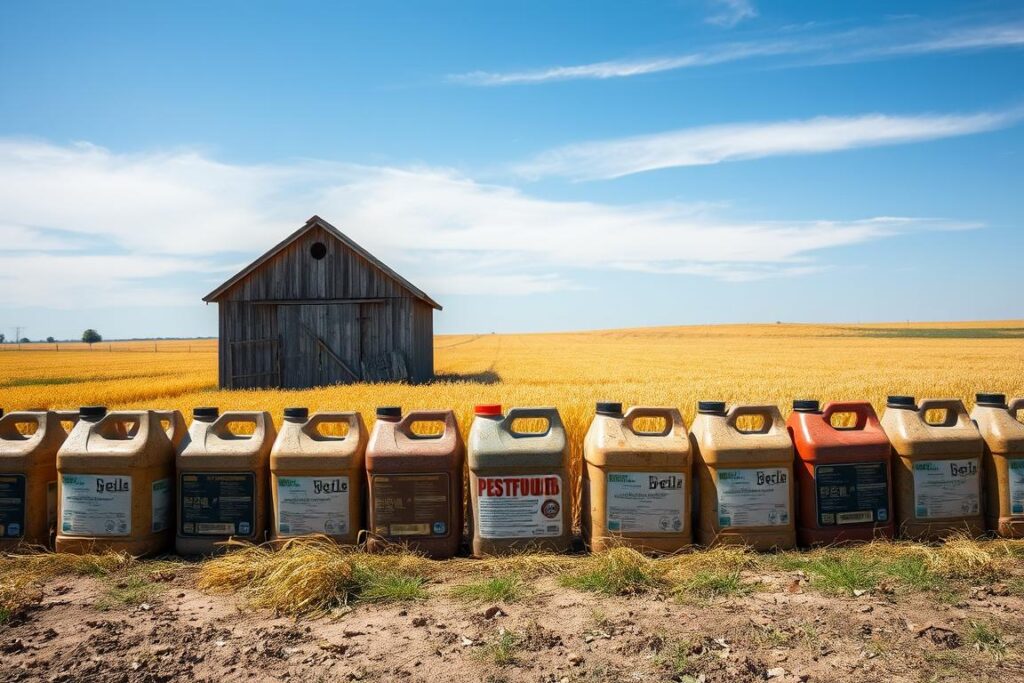 A weathered farmhouse stands in the foreground, surrounded by rows of empty pesticide containers, their faded labels and cracked surfaces reflecting the harsh rural environment. A golden field of wheat stretches into the distance, with a cloudless blue sky overhead. The scene conveys a sense of responsibility and environmental stewardship, as the empty containers await proper disposal or recycling. Soft, natural lighting illuminates the scene, emphasizing the textures and details of the containers and the rural landscape. The composition is balanced, drawing the viewer's eye to the centrally-placed empty containers, the focus of this practical solution for sustainable agriculture.