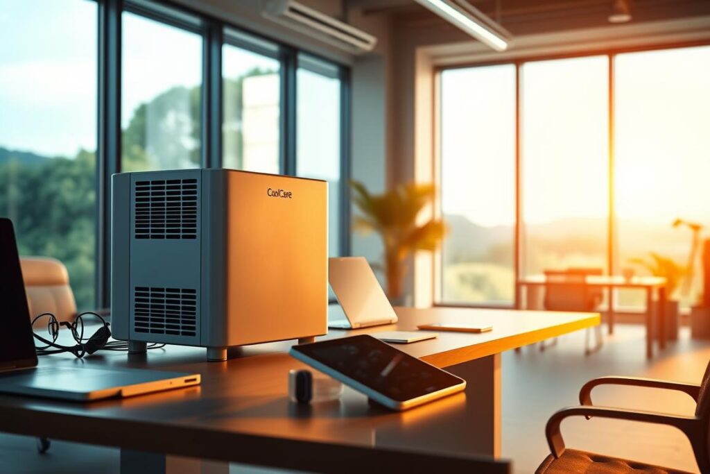 A well-lit and spacious office setting, with a sleek and modern Cool Care climate control unit prominently displayed on a stylish desk. Alongside it, various productivity-enhancing tools and devices such as a laptop, a tablet, and a smartwatch. The room is bathed in a warm, soothing light, creating a serene and focused atmosphere. In the background, a large window offers a view of a lush, verdant landscape, symbolizing the harmony between technology and nature. The overall composition conveys a sense of enhanced efficiency, reduced operational costs, and a comfortable work environment enabled by the strategic deployment of the Cool Care system.
