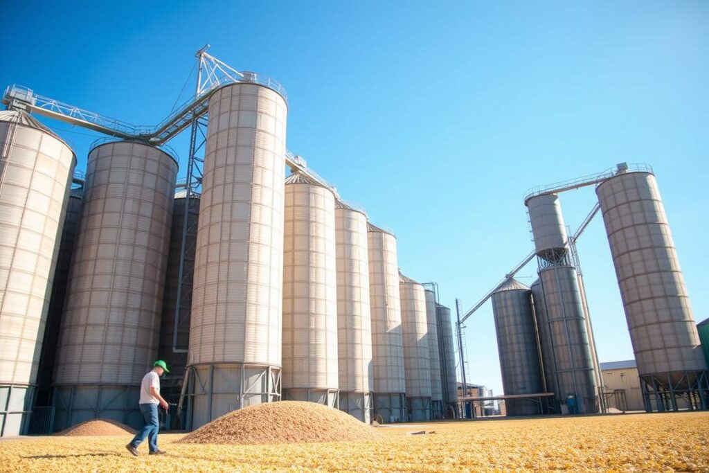 A well-organized grain storage facility, with neatly stacked silos and grain elevators standing tall against a clear blue sky. The sunlight filters through, casting warm shadows across the scene. In the foreground, a worker carefully inspects the grain, ensuring its quality and freshness. The attention to detail in the storage infrastructure, from the sturdy construction to the precise climate control systems, is evident. This image conveys the importance of proper grain storage for maintaining the integrity and value of the harvest, a critical element in the article's exploration of the best silo builders and evolving storage technologies.